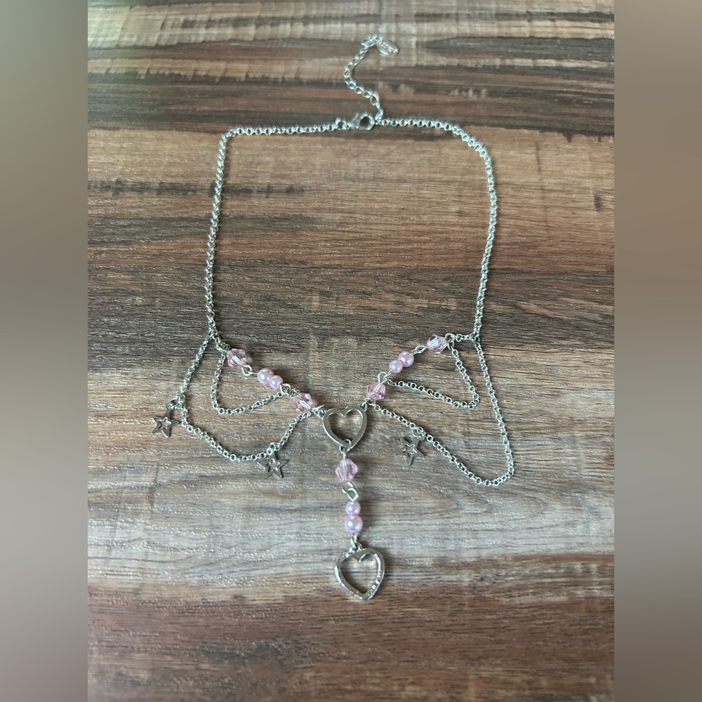 Silver and Pink Heart Charm Necklace